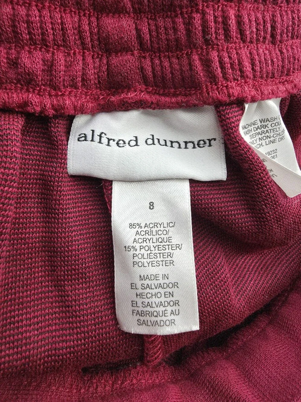 Alfred Dunner Burgundy Knit Elastic Waist Pants Size 8 Pull On Trousers